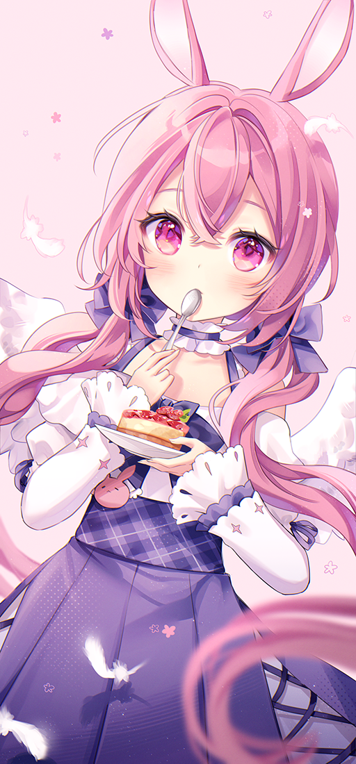 1girl animal_ears bangs bare_shoulders blue_skirt blush cake cake_slice closed_mouth commentary english_commentary feathered_wings feathers food fruit hair_between_eyes high-waist_skirt holding holding_plate holding_spoon indie_virtual_youtuber long_hair long_sleeves looking_at_viewer low_twintails nami_(nyaa) off-shoulder_shirt off_shoulder pink_background pink_hair plaid plate pleated_skirt rabbit_ears shirt skirt sleeves_past_wrists solo spoon strawberry twintails usagi_kira very_long_hair violet_eyes virtual_youtuber white_feathers white_shirt white_wings wide_sleeves wings