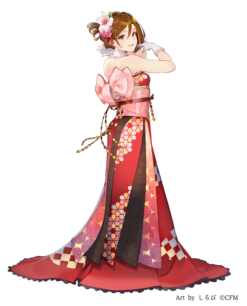 1girl :d artist_name back_bow bare_shoulders blush bow brown_eyes brown_hair dress flower from_behind full_body gloves hair_between_eyes hair_flower hair_ornament hands_up long_dress looking_at_viewer looking_back meiko obi open_mouth parted_lips pink_flower pink_sash red_dress sash shirabi simple_background smile solo vocaloid watermark white_background white_gloves