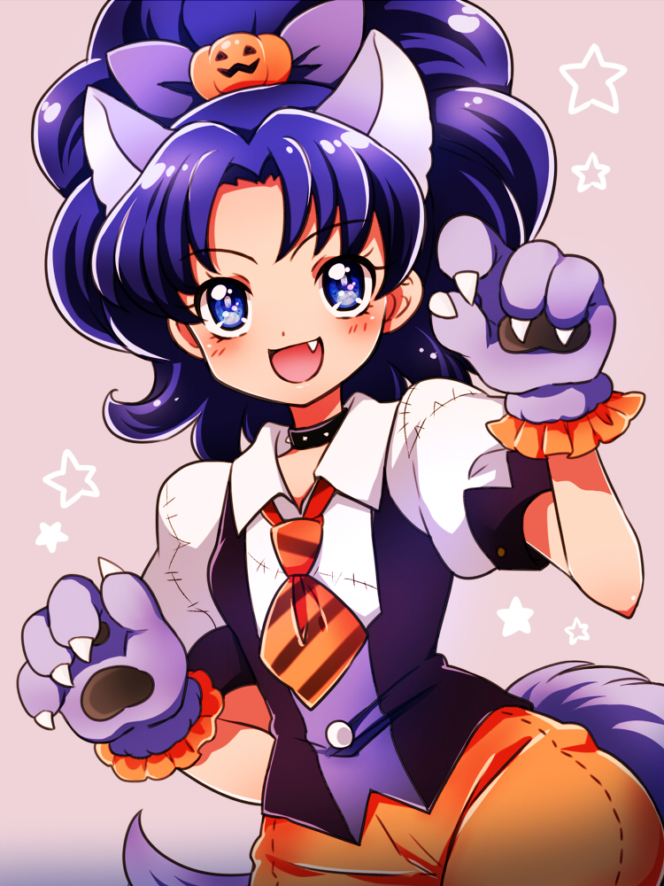 1girl :d alternate_costume animal_ears blue_eyes blue_hair blush commentary_request eyelashes hair_ornament halloween halloween_costume happy kagami_chihiro kirakira_precure_a_la_mode long_hair looking_at_viewer open_mouth paw_pose ponytail precure smile solo standing tategami_aoi