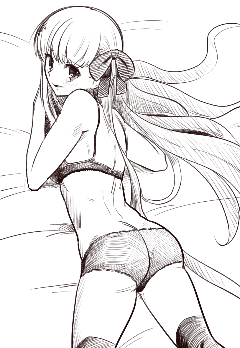 1girl ass bb_(fate) bb_(fate)_(all) black_legwear boa_(brianoa) bra breasts fate/extra fate/extra_ccc fate_(series) greyscale hair_ornament hair_ribbon lingerie long_hair looking_at_viewer monochrome negligee open_mouth panties ribbon smile solo thigh-highs underwear very_long_hair