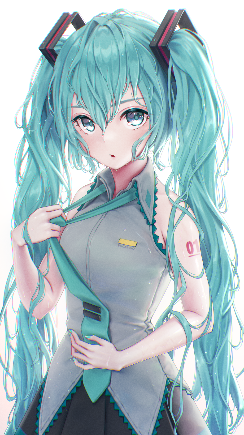 1girl aqua_eyes aqua_hair arm_tattoo clothes_writing cowboy_shot gradient gradient_background hair_ornament hatsune_miku highres long_hair looking_at_viewer loose_necktie nail_polish necktie parted_lips shirt skirt sleeveless sleeveless_shirt solo tattoo tie_clip torinari_(dtvisu) twintails very_long_hair vocaloid wet wet_hair white_background