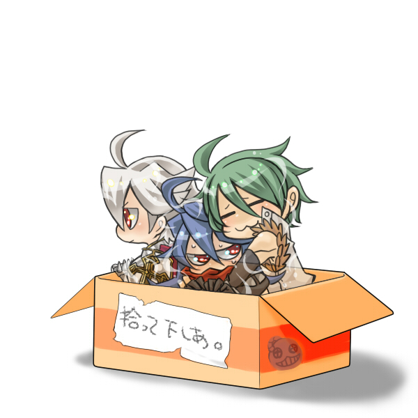 3boys :3 ahoge armor assassin_cross_(ragnarok_online) bio_lab black_gloves blue_hair box breastplate cardboard_box chibi closed_mouth commentary_request elbow_gloves eremes_guile eyebrows_visible_through_hair for_adoption fur-trimmed_shirt fur_trim gauntlets gloves green_hair hair_between_eyes howard_alt-eisen hug long_hair looking_at_another looking_to_the_side lord_knight_(ragnarok_online) male_focus metaling mikan_box multiple_boys pauldrons piyomaru029 ragnarok_online red_eyes red_scarf scarf seyren_windsor shirt short_hair shoulder_armor simple_background spiked_gauntlets translation_request upper_body white_background white_hair white_shirt whitesmith_(ragnarok_online)