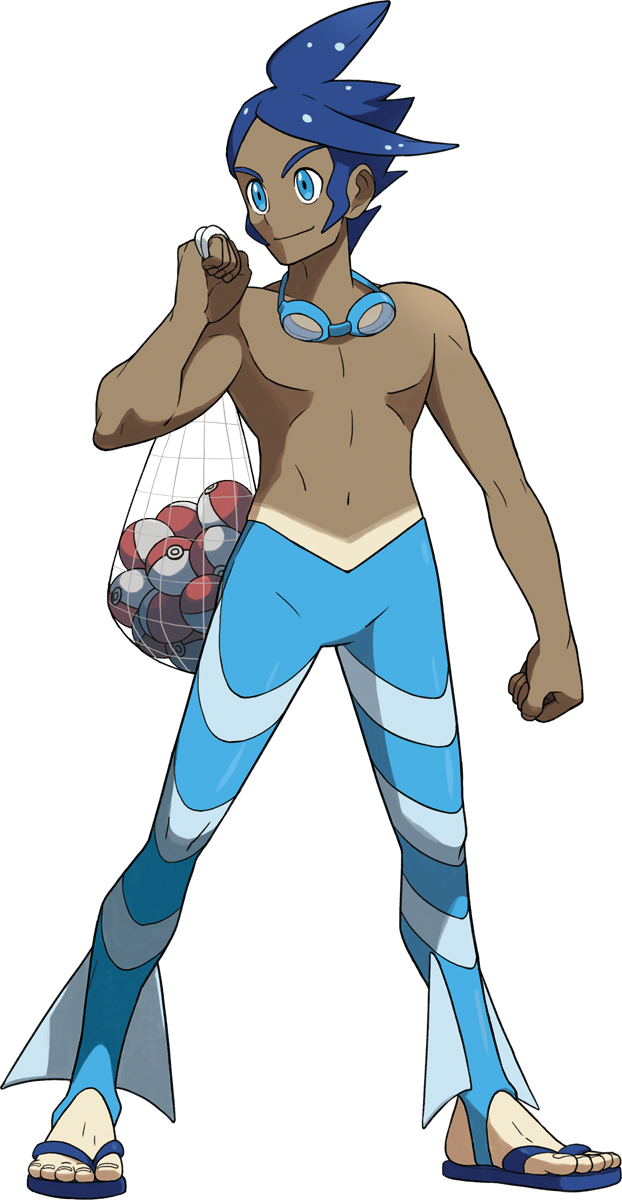 1boy artist_request bangs blue_eyes blue_hair clenched_hand closed_mouth flip-flops full_body goggles goggles_around_neck gym_leader highres holding leggings male_focus marlon_(pokemon) navel net official_art poke_ball poke_ball_(basic) pokemon pokemon_(game) pokemon_bw2 sandals smile solo standing swept_bangs tan tanline toes transparent_background