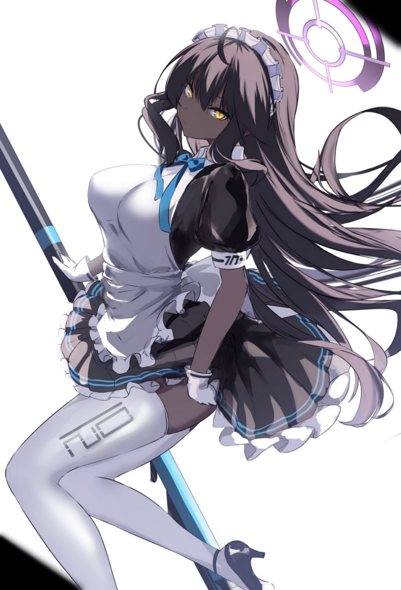 1girl apron bangs black_hair blue_archive blush breasts dark_skin dark-skinned_female gloves halo high_heels highres karin_(blue_archive) large_breasts long_hair looking_at_viewer maid_headdress parted_lips puffy_short_sleeves puffy_sleeves short_sleeves spider_apple thigh-highs thighs white_apron white_gloves white_legwear yellow_eyes