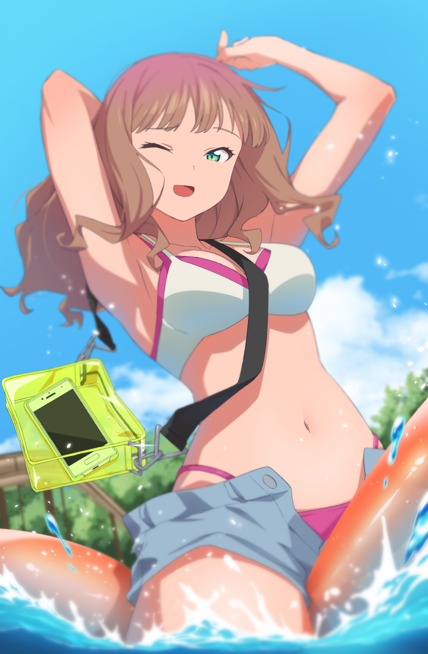 1girl armpits arms_behind_head bag bangs between_breasts bikini bikini_under_clothes blue_shorts breasts brown_hair cellphone clouds day eyebrows_visible_through_hair green_eyes gulim handbag highleg highleg_bikini highres inflatable_toy layered_bikini long_hair looking_at_viewer medium_breasts minami_yume navel one_eye_closed open_clothes open_mouth open_shorts outdoors phone pink_bikini short_shorts shorts sky smartphone smile solo ssss.dynazenon stomach straddling strap_between_breasts swimsuit transparent water water_drop white_bikini