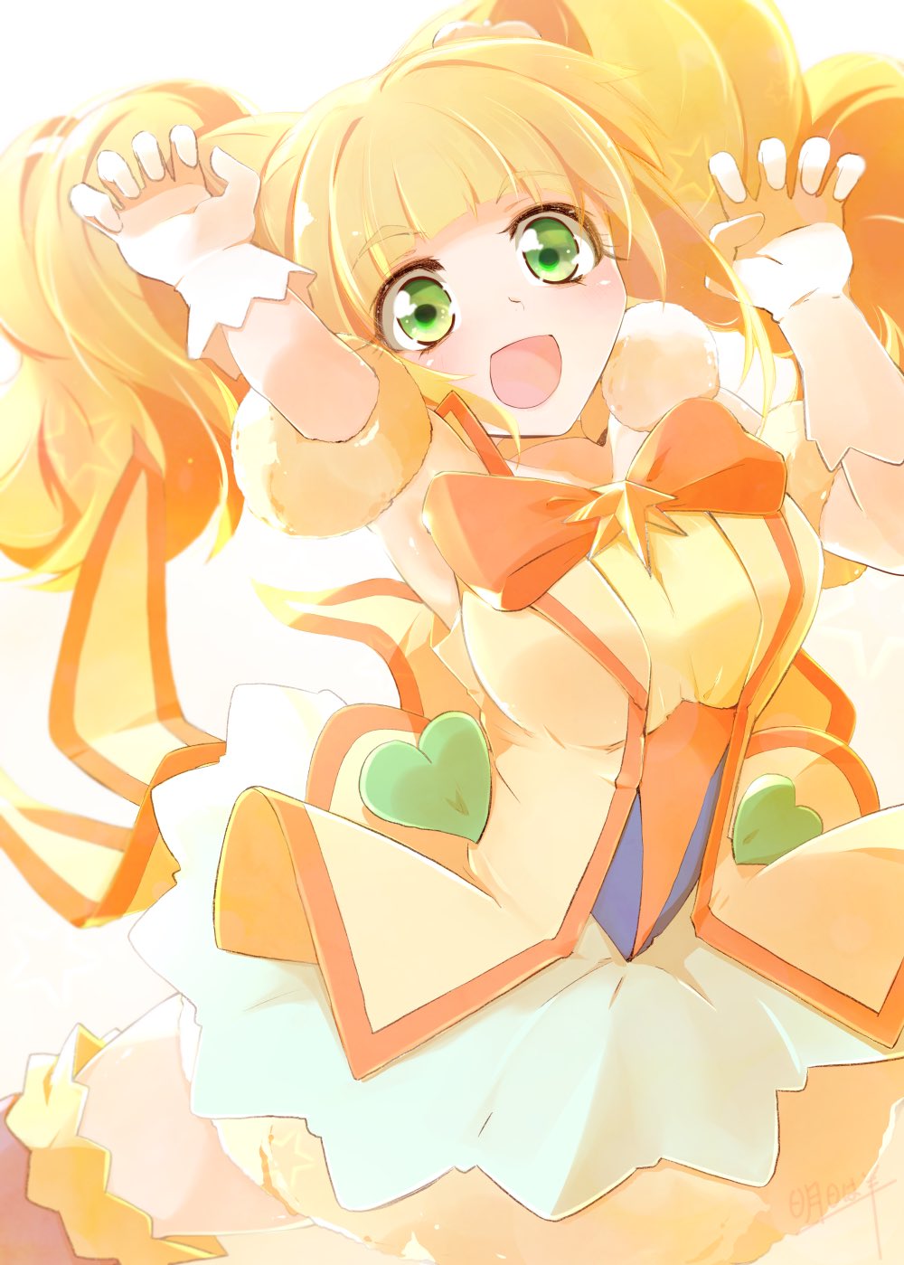 1girl :d ashita_wa_hitsuji blonde_hair choker commentary_request cure_sparkle dress earrings eyelashes gloves green_eyes hair_cones hair_ornament happy healin'_good_precure highres hiramitsu_hinata jewelry light_blush looking_at_viewer magical_girl open_mouth orange_dress orange_legwear orange_skirt orange_vest paw_pose pom_pom_(clothes) pom_pom_earrings precure short_twintails simple_background skirt smile solo thigh-highs thighs twintails vest white_background white_gloves
