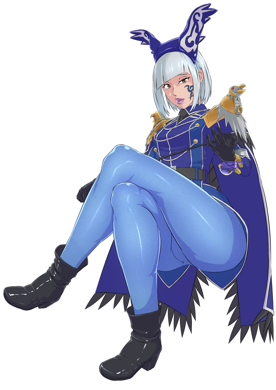 1girl bangs black_footwear black_gloves blue_cape blue_headwear blue_legwear brown_eyes cape crossed_legs facial_tattoo full_body gloves headpiece highres invisible_chair lipstick long_sleeves looking_at_viewer makeup mashin_sentai_kiramager ookuni_hakumai riding_crop silver_hair simple_background sitting solo super_sentai tattoo white_background yodonna