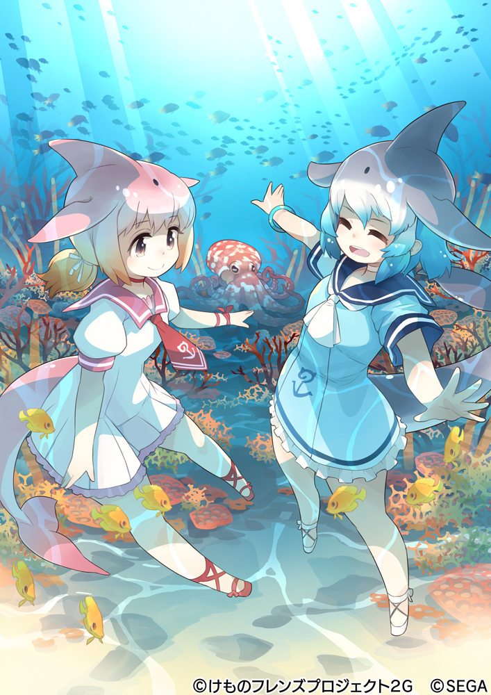 2girls akitsu_taira anchor_symbol aqua_hair blowhole blue_dress blue_hair chinese_white_dolphin_(kemono_friends) commentary_request common_bottlenose_dolphin_(kemono_friends) dolphin_tail dorsal_fin dress eyebrows_visible_through_hair frilled_dress frills grey_hair hair_tie kemono_friends kemono_friends_3:_planet_tours multicolored_hair multiple_girls neckerchief necktie octopus official_art orange_hair pink_hair red_footwear red_neckwear sailor_collar sailor_dress short_hair short_sleeves smile swimming tail underwater white_dress white_footwear white_neckwear