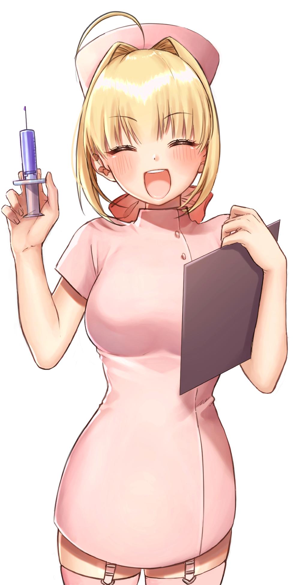 1girl ahoge alternate_costume bangs blonde_hair blush bow breasts dress eyebrows_visible_through_hair fate/grand_order fate_(series) garter_straps hair_bow hair_intakes highres large_breasts long_hair nero_claudius_(fate)_(all) nurse open_mouth pink_dress simple_background smile solo syringe upper_teeth white_background yayoi_maka