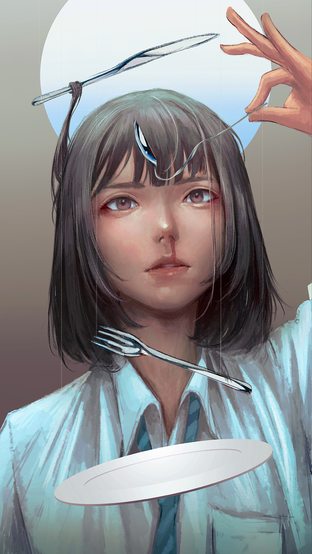 1girl bent_spoon blood blue_neckwear blue_shirt bob_cut breast_pocket brown_eyes brown_hair collared_shirt floating fork hand_up highres holding holding_spoon levitation looking_at_viewer necktie nosebleed original parted_lips plate pocket shirt solo spoon telekinesis upper_body wataboku wing_collar