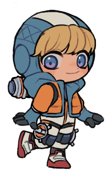 1girl apex_legends bangs blonde_hair blue_eyes blush bodysuit chibi hood hood_up husagin jacket leg_up open_hands orange_jacket smile solo standing standing_on_one_leg thigh_strap wattson_(apex_legends) white_background white_bodysuit