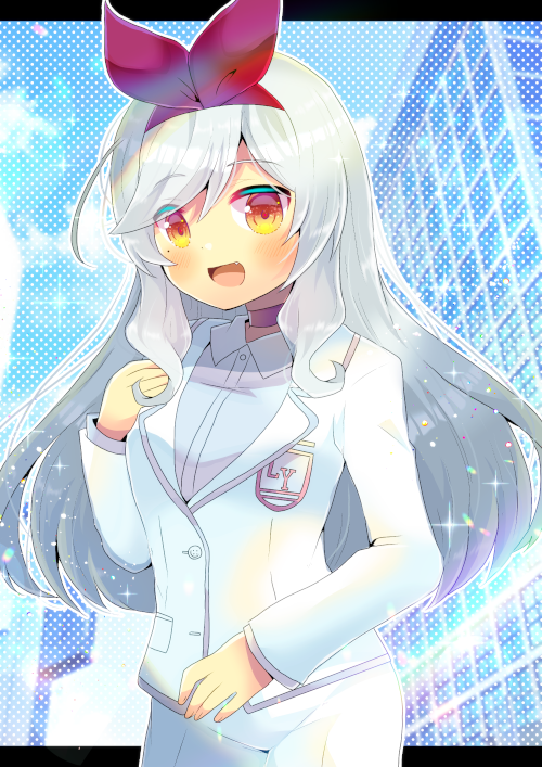 1girl :d allipaca blush breasts building choker collared_shirt dress_shirt fang formal grey_shirt hair_ribbon hairband hand_up indie_virtual_youtuber jacket kouu_hiyoyo letterboxed long_hair long_sleeves looking_at_viewer open_mouth pant_suit pants red_choker red_eyes red_hairband red_ribbon ribbon shirt silver_hair small_breasts smile solo suit very_long_hair virtual_youtuber white_jacket white_pants