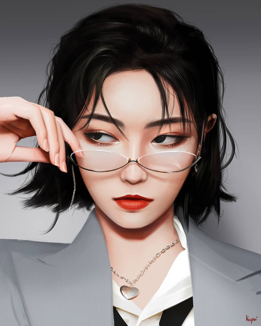 1girl asian black_eyes black_hair english_commentary formal glasses grey_suit hair_behind_ear hand_on_eyewear heart heart_necklace highres jewelry kiki_xu looking_to_the_side necklace parted_hair pink_nails raffy real_life realistic shirt short_hair solo suit upper_body white_shirt