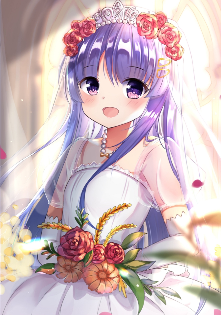 1girl :d bangs blurry blurry_background blush bridal_veil bride brown_flower commentary_request depth_of_field dress elbow_gloves eyebrows_visible_through_hair flower gloves hair_between_eyes hair_flower hair_ornament hairclip holding holding_flower indoors kyouka_(princess_connect!) long_hair looking_at_viewer lydia601304 open_mouth petals princess_connect! princess_connect!_re:dive puffy_short_sleeves puffy_sleeves purple_hair red_flower red_rose rose see-through see-through_sleeves short_sleeves smile solo tiara veil very_long_hair violet_eyes wedding_dress white_gloves