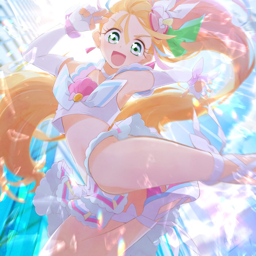 1girl :d ankle_bow ashita_wa_hitsuji bare_shoulders blonde_hair blue_hair bow choker clothing_cutout clouds cloudy_sky commentary_request crop_top cure_summer earrings elbow_gloves eyelashes fingerless_gloves flat_chest flower frilled_skirt frills gloves green_eyes hair_flower hair_ornament hair_strand happy heart_cutout jewelry jumping long_hair looking_at_viewer magical_girl midriff multicolored multicolored_hair natsuumi_manatsu open_mouth pink_hair precure ribbon shirt side_ponytail skirt sky sleeveless sleeveless_shirt smile solo streaked_hair triangle_earrings tropical-rouge!_precure very_long_hair white_choker white_footwear white_gloves white_shirt white_skirt wrist_bow