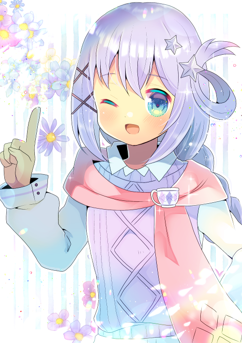 1girl ;d blue_eyes blue_flower braid collared_shirt cup floral_background flower green_eyes hair_ornament hair_rings hand_up index_finger_raised indie_virtual_youtuber kouu_hiyoyo liah_foxtrot long_hair long_sleeves looking_at_viewer multicolored multicolored_eyes one_eye_closed open_mouth pink_flower purple_flower purple_hair shirt single_braid smile solo star_(symbol) star_hair_ornament striped striped_background sweater_vest teacup upper_body vertical_stripes very_long_hair white_shirt x_hair_ornament