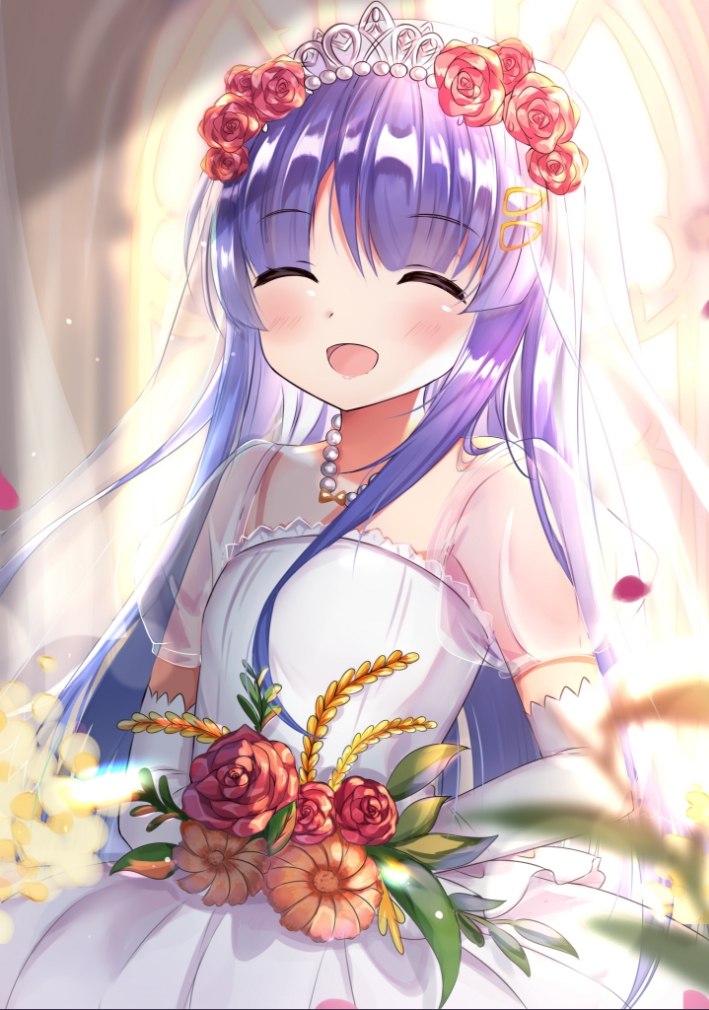 1girl :d ^_^ bangs blurry blurry_background blush bridal_veil bride brown_flower closed_eyes depth_of_field dress elbow_gloves eyebrows_visible_through_hair facing_viewer flower gloves hair_between_eyes hair_flower hair_ornament hairclip holding holding_flower indoors kyouka_(princess_connect!) long_hair lydia601304 open_mouth petals princess_connect! princess_connect!_re:dive puffy_short_sleeves puffy_sleeves purple_hair red_flower red_rose rose see-through see-through_sleeves short_sleeves smile solo tiara veil very_long_hair wedding_dress white_gloves