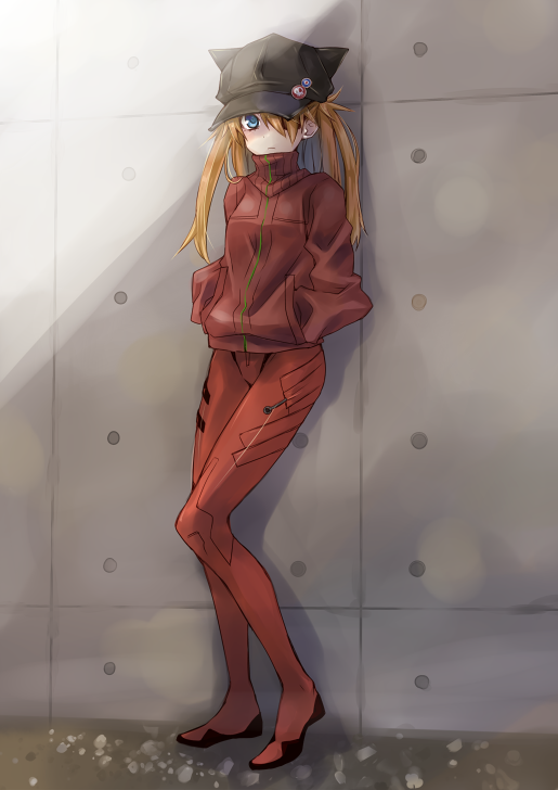 1girl black_headwear brown_hair contrapposto evangelion:_3.0_you_can_(not)_redo eyepatch hair_over_one_eye hands_in_pockets hat hood hoodie long_hair looking_at_viewer mikipa neon_genesis_evangelion plugsuit rebuild_of_evangelion shikinami_asuka_langley solo souryuu_asuka_langley twintails