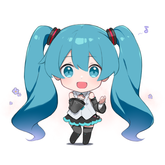 1girl :d bangs black_legwear black_skirt blue_eyes blue_hair blue_neckwear chibi collared_shirt commentary_request detached_sleeves eighth_note eyebrows_visible_through_hair fhang flower full_body grey_sleeves hair_between_eyes hatsune_miku hatsune_miku_(nt) long_hair long_sleeves looking_at_viewer musical_note open_mouth pleated_skirt purple_flower shadow shirt sidelocks skirt sleeveless sleeveless_shirt smile solo thigh-highs very_long_hair vocaloid white_background white_shirt wide_sleeves