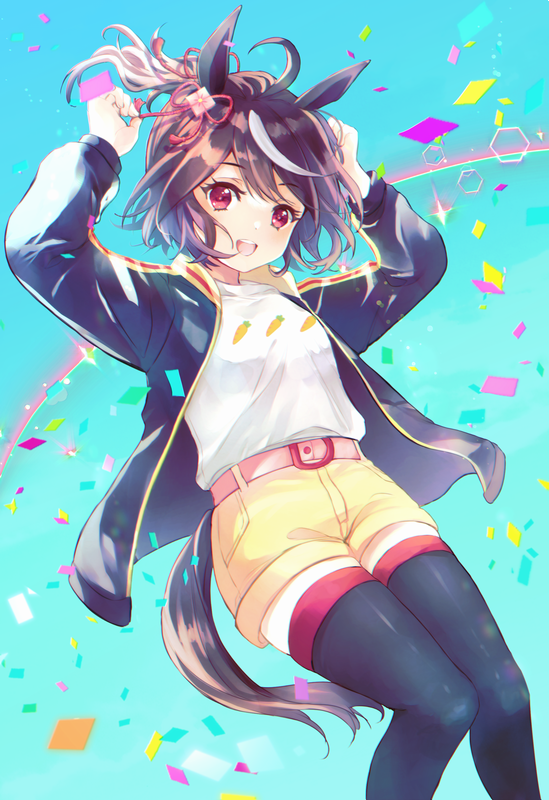 1girl :d ahoge animal_ears bangs beige_shorts black_hair black_legwear blue_jacket carrot_print commentary_request confetti day feet_out_of_frame floating_hair food_print hair_ribbon hands_up horse_ears jacket kitasan_black light_blush looking_at_viewer multicolored_hair open_clothes open_jacket open_mouth outdoors pink_eyes pink_ribbon ponytail ribbon shirt short_hair sky smile solo stacy_romeroa streaked_hair swept_bangs tassel thigh-highs umamusume white_shirt