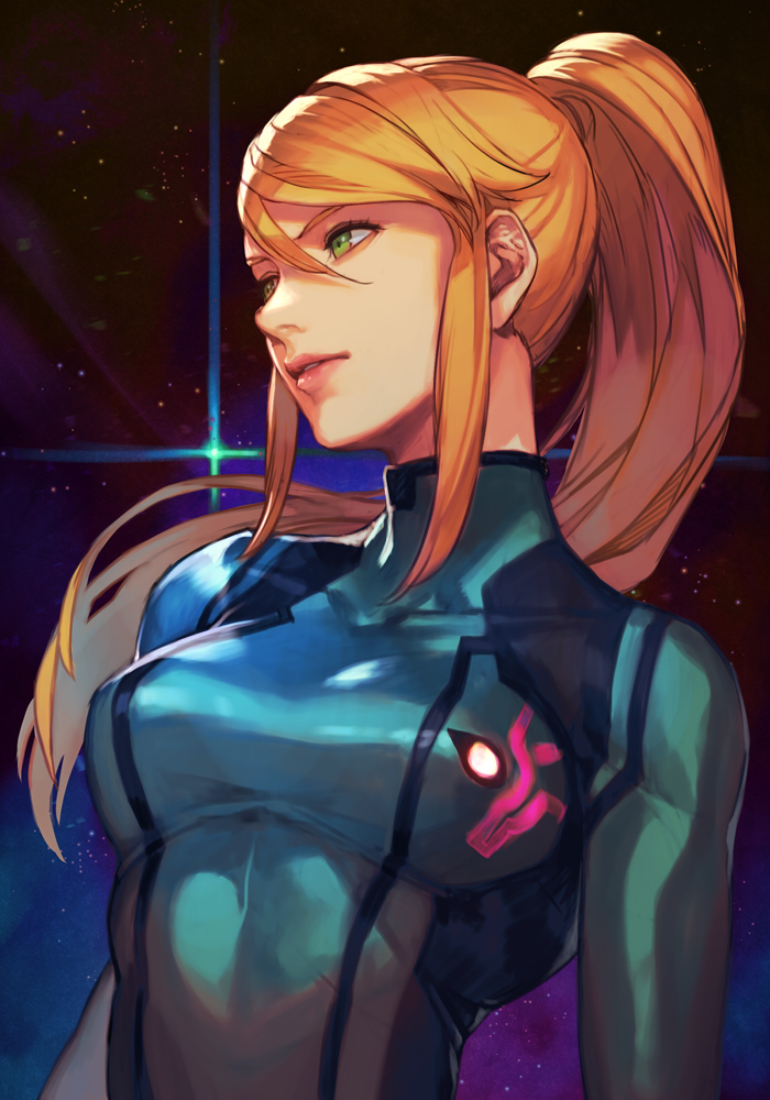 1girl bangs blonde_hair blue_bodysuit bodysuit breasts female green_eyes hair_between_eyes hankuri high_ponytail long_hair looking_away medium_breasts metroid mole mole_under_mouth ponytail samus_aran skin_tight smile solo star_(sky) upper_body zero_suit