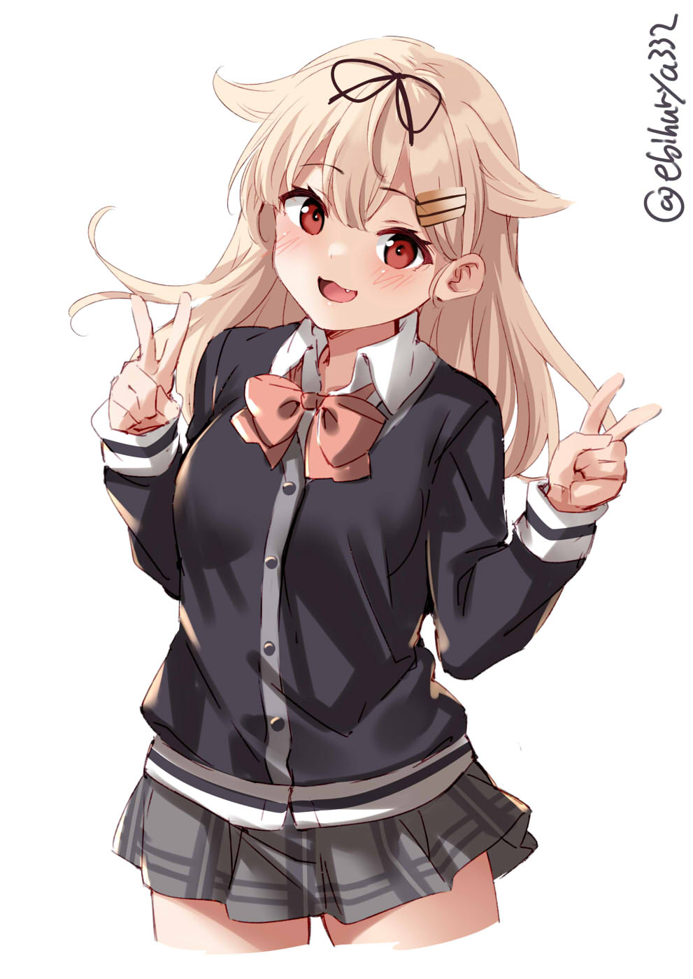 1girl alternate_costume black_cardigan blonde_hair breasts buttons cardigan collared_shirt cowboy_shot double_v ebifurya eyebrows_visible_through_hair fang fang_out hair_flaps hair_ornament hair_ribbon hairclip highres kantai_collection long_hair medium_breasts messy_hair pleated_skirt red_eyes remodel_(kantai_collection) ribbon school_uniform shirt skirt solo twitter_username v white_background yuudachi_(kancolle)