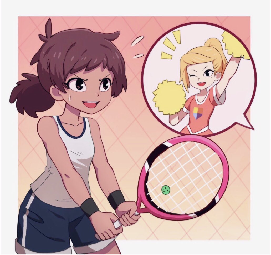 +++ 2girls amphibia anne_boonchuy blonde_hair blue_shorts brown_hair cheering cheerleader hikiomor holding holding_racket medium_hair multiple_girls one_eye_closed pom_poms ponytail racket sasha_waybright shirt shorts sleeveless sleeveless_shirt smile sweat t-shirt tennis_racket white_shirt