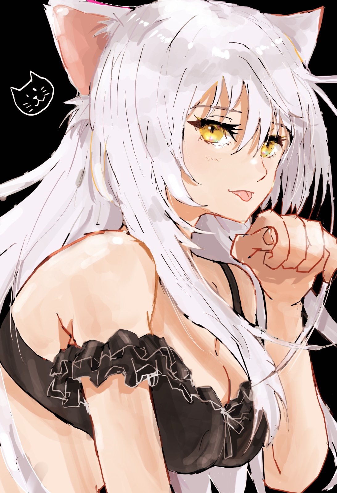 animal_ears bakemonogatari black_hanekawa bra breasts cat_ears cat_girl cat_lingerie cat_tail hanekawa_tsubasa highres large_breasts long_hair meme_attire monogatari_(series) nekomonogatari paw_pose tail underwear valhalla0707 white_hair yellow_eyes