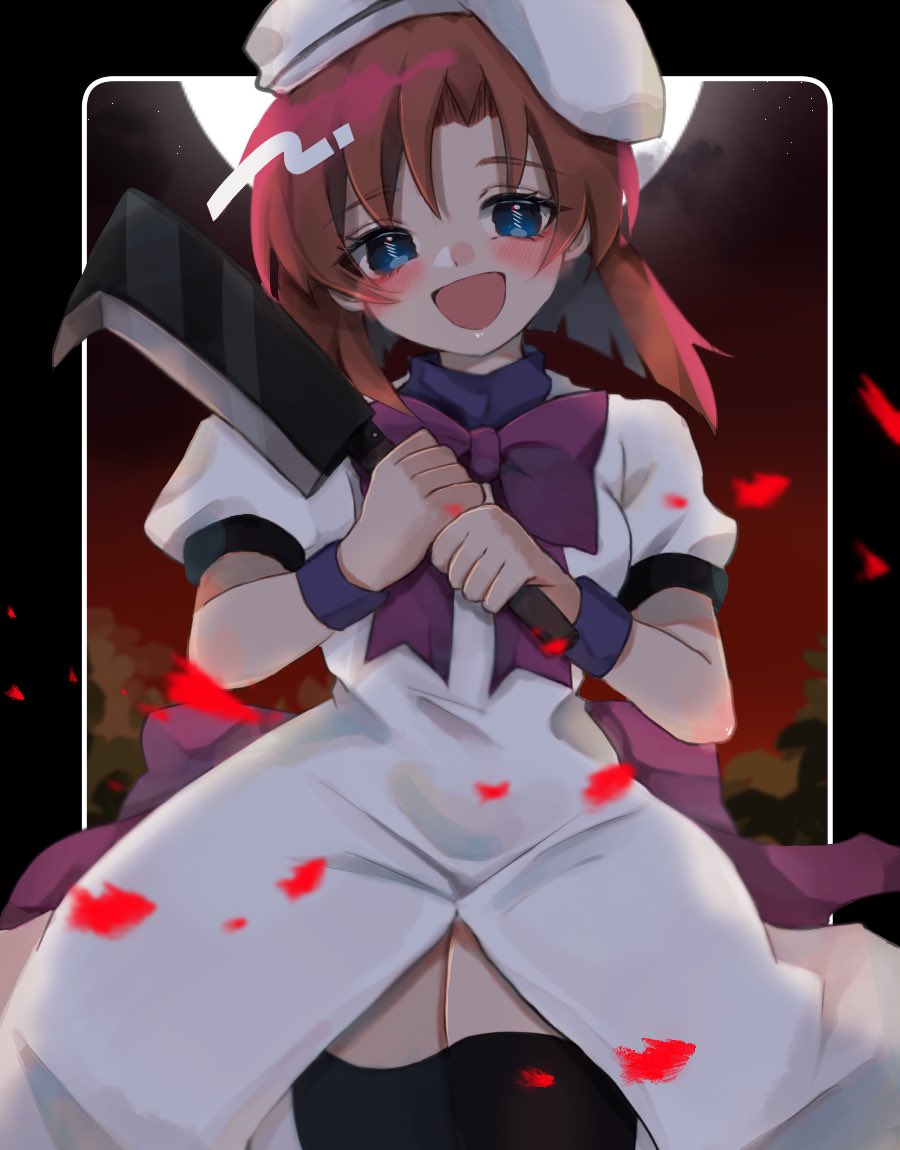 1girl :d blue_eyes dress hat hatchet higurashi_no_naku_koro_ni holding holding_hatchet holding_weapon open_mouth orange_hair puffy_short_sleeves puffy_sleeves purple_ribbon ribbon ryuuguu_rena short_sleeves smile solo tanakani39 thigh-highs weapon white_dress white_headwear