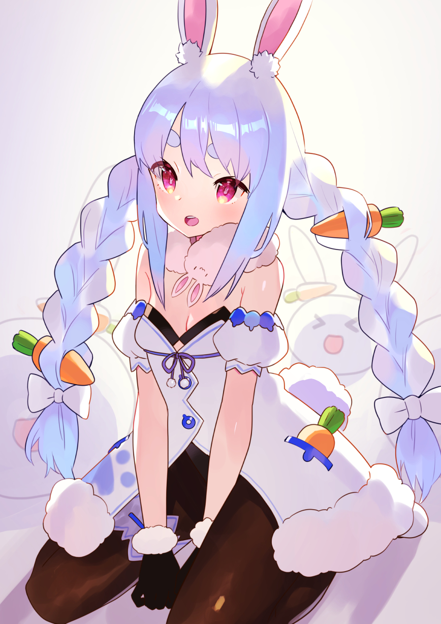 1girl animal_ear_fluff animal_ears bangs bare_shoulders black_gloves black_legwear black_leotard blue_hair blush braid breasts bunny-shaped_pupils bunny_tail carrot_hair_ornament clothing_cutout coat creature detached_sleeves don-chan_(usada_pekora) food_themed_hair_ornament fur-trimmed_coat fur-trimmed_gloves fur_scarf fur_trim garters gloves hair_ornament highres hikimayu hololive leotard leotard_under_clothes long_hair looking_at_viewer multicolored_hair nousagi_(usada_pekora) open_mouth pantyhose puffy_short_sleeves puffy_sleeves rabbit rabbit_ears rabbit_girl red_eyes scarf seiza short_eyebrows short_sleeves single_garter sitting small_breasts solo strapless strapless_coat strapless_leotard swept_bangs tail thick_eyebrows twin_braids twintails two-tone_hair underboob_cutout usada_pekora v_arms virtual_youtuber white_coat white_hair white_scarf white_sleeves zenshin