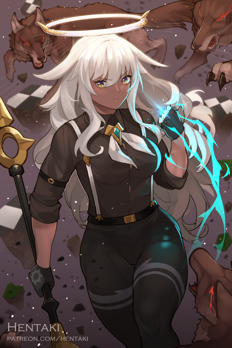 &gt;:( 1girl animal bangs belt black_belt black_gloves black_pants black_shirt breasts brown_eyes checkered clenched_hand closed_mouth collared_shirt commentary dark_skin dark-skinned_female dragalia_lost dress_shirt english_commentary eyebrows_visible_through_hair fingerless_gloves gloves glowing glowing_eyes hair_between_eyes halo hentaki highres long_hair medium_breasts pants ryszarda_(dragalia_lost) shirt short_sleeves solo v-shaped_eyebrows very_long_hair white_hair wolf