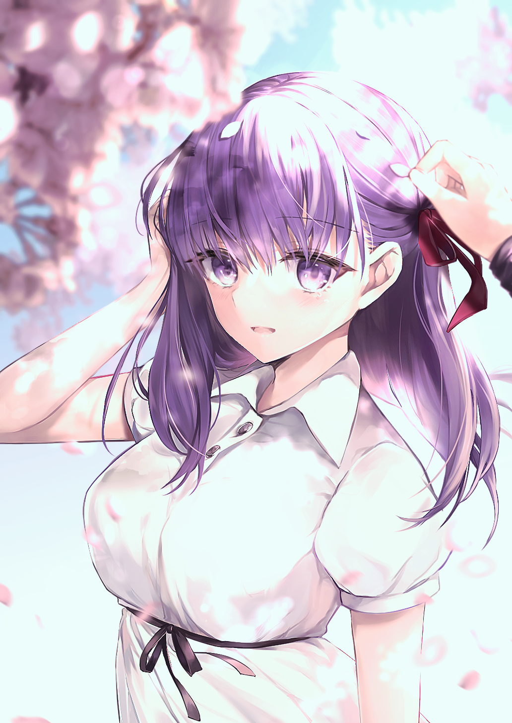 1girl bangs black_ribbon blurry blurry_foreground breasts commentary_request dress eyebrows_visible_through_hair fate/stay_night fate_(series) hair_ribbon hane_yuki highres large_breasts long_hair looking_at_viewer matou_sakura purple_hair red_ribbon ribbon smile solo_focus violet_eyes