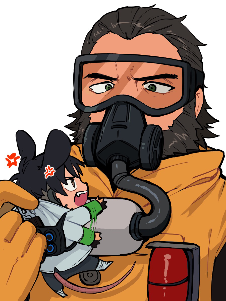 2boys anger_vein animal_ears annoyed apex_legends beard black_eyes black_hair caustic_(apex_legends) crypto_(apex_legends) facial_hair fang gas_mask goggles green_sleeves grey_jacket hair_slicked_back highres holding_person husagin jacket kemonomimi_mode male_focus miniboy mouse_boy mouse_ears mouse_tail multiple_boys open_hand open_mouth tail upper_body v-shaped_eyebrows waving_arms white_background