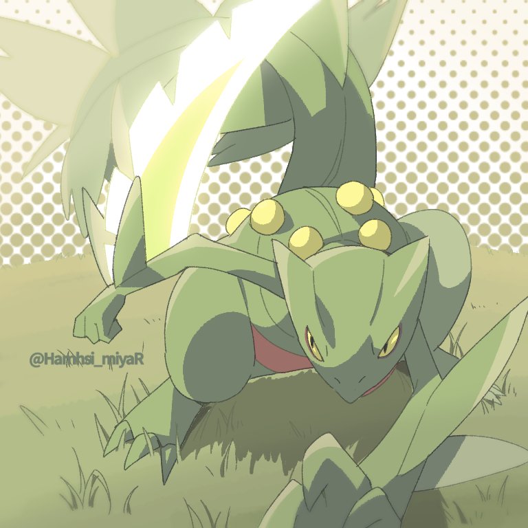 artist_name black_eyes closed_mouth commentary_request gen_3_pokemon grass hamhsi_miyar hunched_over leaf_blade_(pokemon) legs_apart no_humans pokemon pokemon_(creature) sceptile solo standing