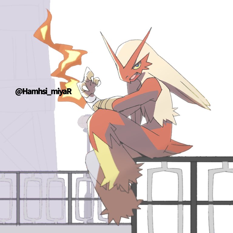 artist_name blaziken claws colored_sclera commentary fire full_body gen_3_pokemon hamhsi_miyar no_humans open_mouth pokemon pokemon_(creature) sitting solo yellow_sclera