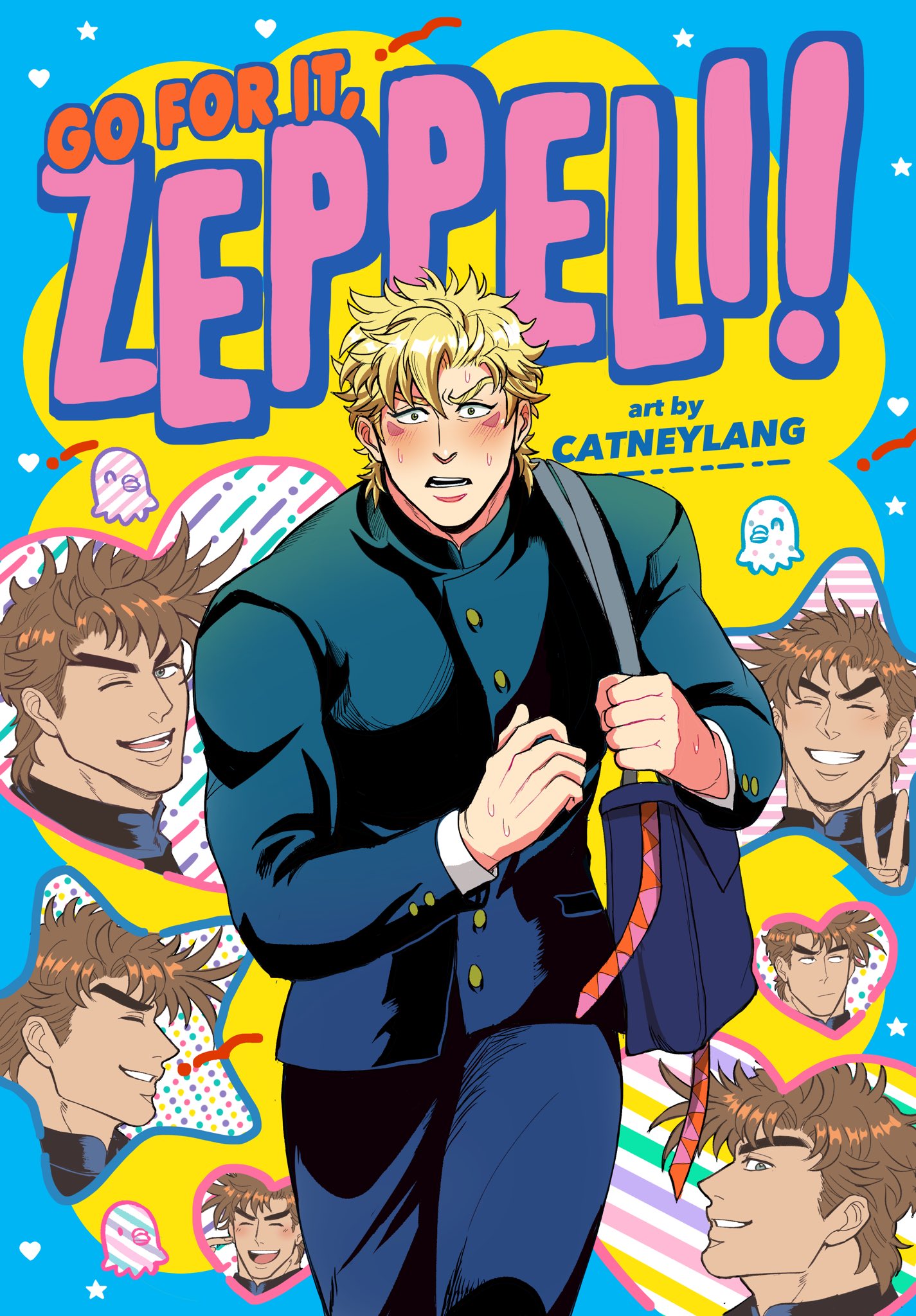 2boys :/ alternate_costume artist_name bag battle_tendency blonde_hair blue_eyes blush brown_hair buttons caesar_anthonio_zeppeli catneylang closed_eyes closed_mouth commentary constricted_pupils cover cover_page derivative_work diagonal_stripes english_commentary eyebrows facial_mark facing_viewer furrowed_eyebrows gakuran ganbare!_nakamura-kun!! green_eyes grin heart highres jitome jojo_no_kimyou_na_bouken joseph_joestar_(young) laughing long_sleeves looking_at_viewer looking_to_the_side male_focus multicolored multicolored_stripes multiple_boys multiple_sources multiple_views nervous octopus one_eye_closed open_mouth pants parody pocket pointing pointing_at_self polka_dot school_uniform short_hair shoulder_bag smile star_(symbol) striped sweat symbol_commentary thick_eyebrows v