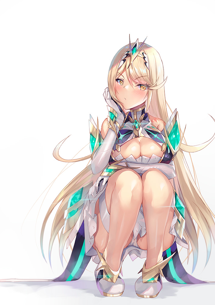 1girl bangs bare_legs bare_shoulders blonde_hair breasts chest_jewel cleavage_cutout clothing_cutout dress earrings elbow_gloves gloves hinot jewelry large_breasts long_hair mythra_(xenoblade) short_dress swept_bangs thigh_strap tiara very_long_hair white_dress white_footwear white_gloves xenoblade_chronicles_(series) xenoblade_chronicles_2 yellow_eyes