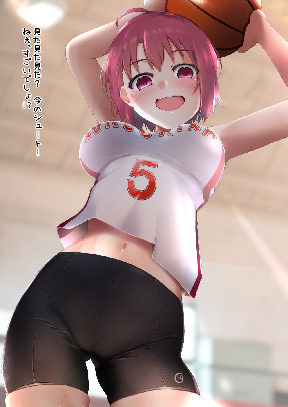 1girl 5 ahoge ball basketball basketball_uniform black_shorts blurry blurry_background blush breasts ceiling_light character_request commentary_request copyright_request cowboy_shot from_below highres holding holding_ball jersey kuro_yanagi large_breasts looking_at_viewer midriff navel number open_mouth pink_eyes pink_hair shirt short_hair shorts smile solo sportswear translation_request white_shirt
