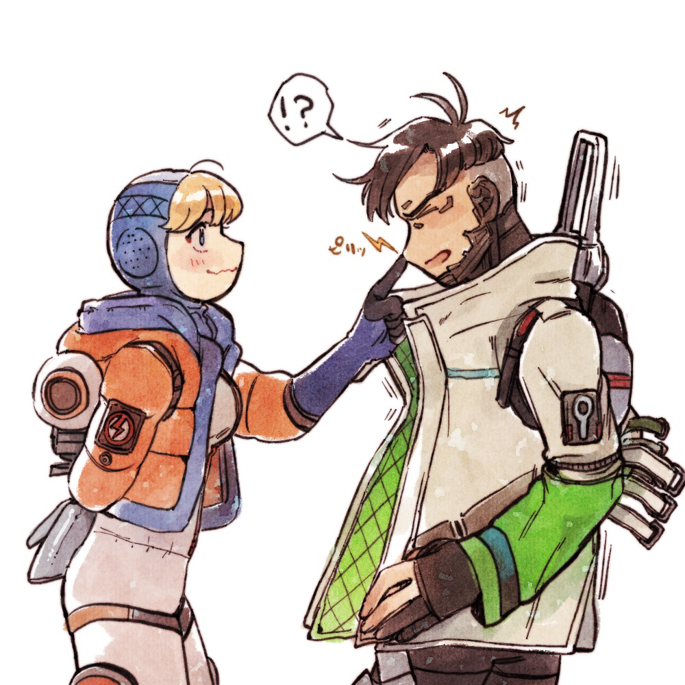 ! !? 1boy 1girl ? apex_legends black_gloves black_hair blonde_hair bodysuit breasts closed_eyes crypto_(apex_legends) from_side gloves green_sleeves grey_jacket hood hood_up husagin jacket medium_breasts open_mouth orange_jacket partially_fingerless_gloves poking_nose smile speech_bubble spoken_exclamation_mark spoken_question_mark wattson_(apex_legends) wavy_mouth white_bodysuit