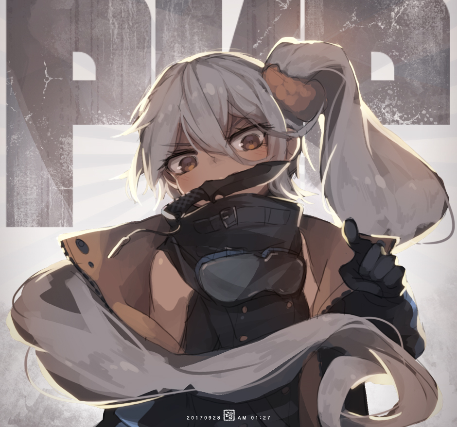 1girl bad_id bad_pixiv_id bangs combat_knife dated girls_frontline gloves goggles goggles_around_neck hair_between_eyes jacket jakoujika knife knife_in_mouth long_hair looking_at_viewer mouth_hold one_side_up pkp_(girls_frontline) pointing pointing_at_viewer scrunchie shirt silver_hair sleeveless sleeveless_shirt solo upper_body weapon yellow_eyes