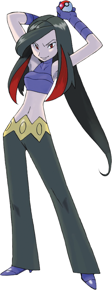 1girl arms_up black_hair closed_mouth crop_top frontier_brain full_body gloves grey_pants high_heels holding holding_poke_ball long_hair lucy_(pokemon) midriff multicolored_hair navel official_art pants poke_ball poke_ball_(basic) pokemon pokemon_(game) pokemon_emerald pokemon_rse purple_footwear purple_gloves red_eyes redhead smile solo standing sugimori_ken transparent_background two-tone_hair