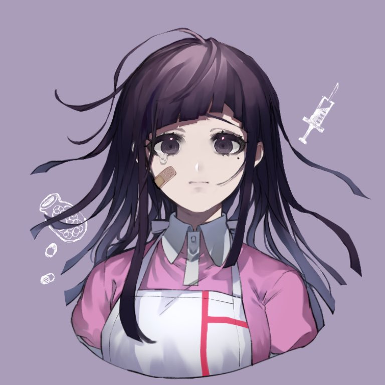 1girl apron bandaged_arm bandages bandaid bandaid_on_face bangs black_hair blunt_bangs breasts closed_mouth collared_shirt commentary_request dangan_ronpa_(series) dangan_ronpa_2:_goodbye_despair frown large_breasts long_hair looking_at_viewer messy_hair mole mole_under_eye nurse pill_bottle pink_shirt puffy_sleeves purple_hair shirt short_sleeves simple_background smile solo suzumetarou syringe tearing_up tears tsumiki_mikan upper_body white_apron
