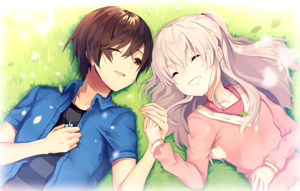 1boy 1girl black_shirt blue_shirt brown_hair charlotte_(anime) closed_eyes collarbone collared_shirt couple dress_shirt from_above grin hetero holding holding_hands kurotea long_hair looking_at_another lying on_back one_eye_closed open_clothes open_mouth open_shirt otosaka_yuu pink_sweater red_eyes red_shirt shiny shiny_hair shirt short_hair silver_hair smile striped striped_shirt sweater tomori_nao upper_body wing_collar