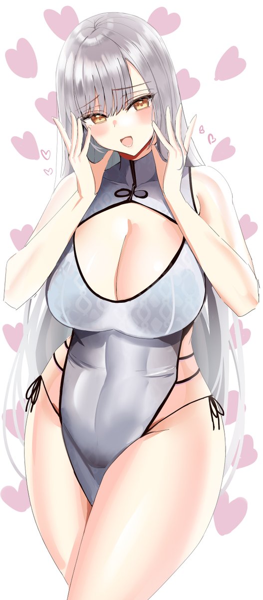 1girl bangs bare_arms bare_shoulders blush breasts china_dress chinese_clothes covered_navel cowboy_shot dress eyebrows_visible_through_hair hanasaka_houcha hands_up heart large_breasts long_hair looking_at_viewer open_mouth original shiny shiny_hair silver_dress silver_hair sleeveless sleeveless_dress smile solo thighs white_background yellow_eyes