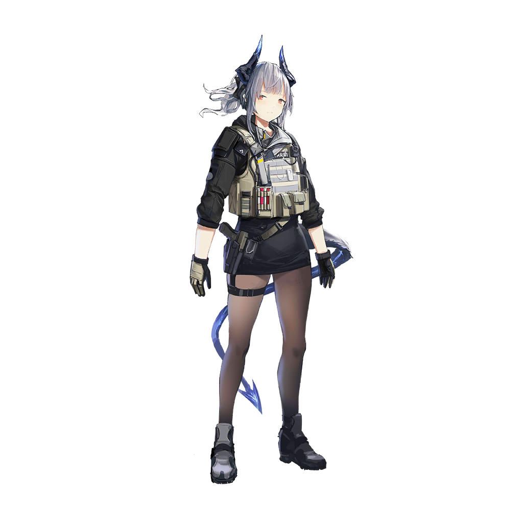 1girl arknights blue_hair dragon_girl dragon_horns dragon_tail gloves gun handgun holstered_weapon horns liskarm_(arknights) liskarm_(overload)_(arknights) miniskirt official_alternate_costume official_art orange_eyes pantyhose shoes skirt sneakers solo spiked_tail tactical_clothes tail weapon