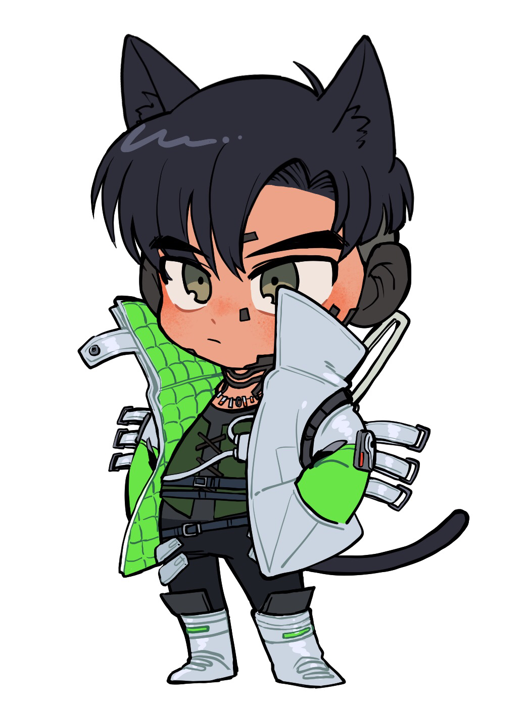 1boy animal_ear_fluff animal_ears apex_legends black_hair black_pants black_shirt cat_boy cat_ears cat_tail chibi crypto_(apex_legends) cyborg eyebrows_visible_through_hair green_eyes green_sleeves green_vest grey_jacket hands_in_pockets highres husagin jacket kemonomimi_mode looking_ahead pants shirt solo standing tail vest white_background