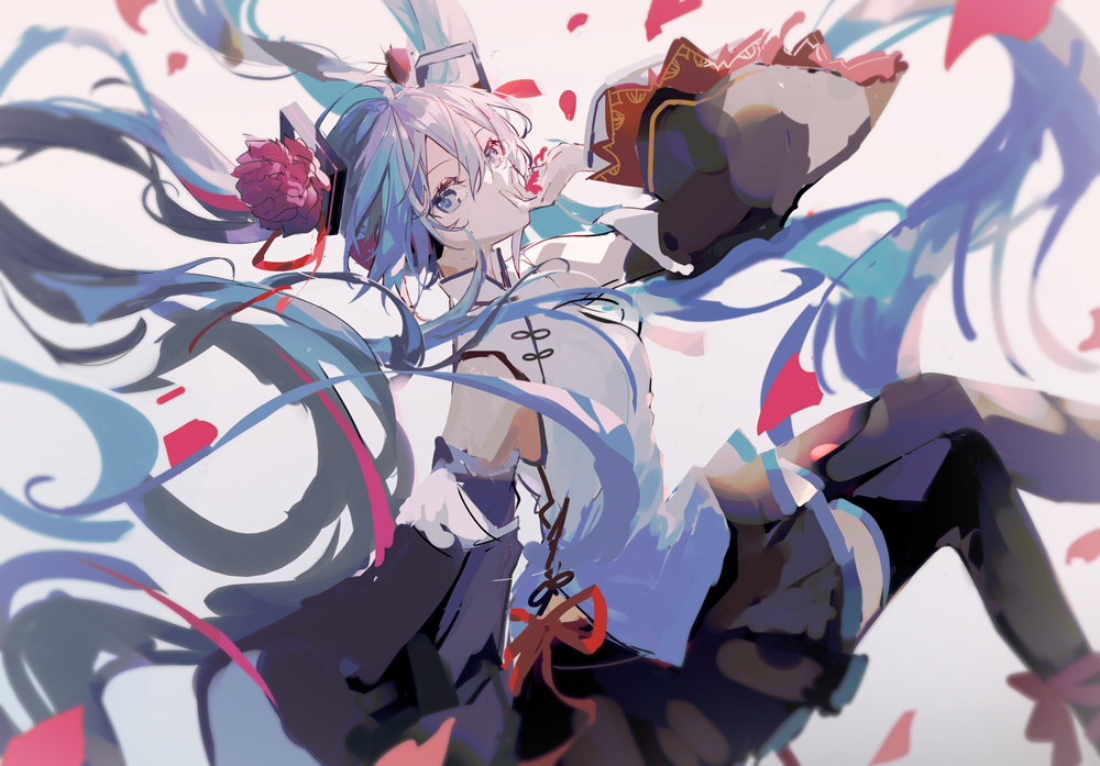 1girl 39 absurdly_long_hair aqua_eyes aqua_hair bare_shoulders black_legwear black_skirt black_sleeves china_dress chinese_clothes commentary detached_sleeves dress falling_petals floating floating_hair flower hair_flower hair_ornament hand_to_own_mouth hatsune_miku hatsune_miku_expo headphones holding holding_petal layered_sleeves long_hair looking_at_viewer mamenomoto miniskirt peony_(flower) petals pleated_skirt red_flower shirt skirt sleeveless sleeveless_shirt solo thigh-highs twintails very_long_hair vocaloid white_shirt wide_sleeves zettai_ryouiki