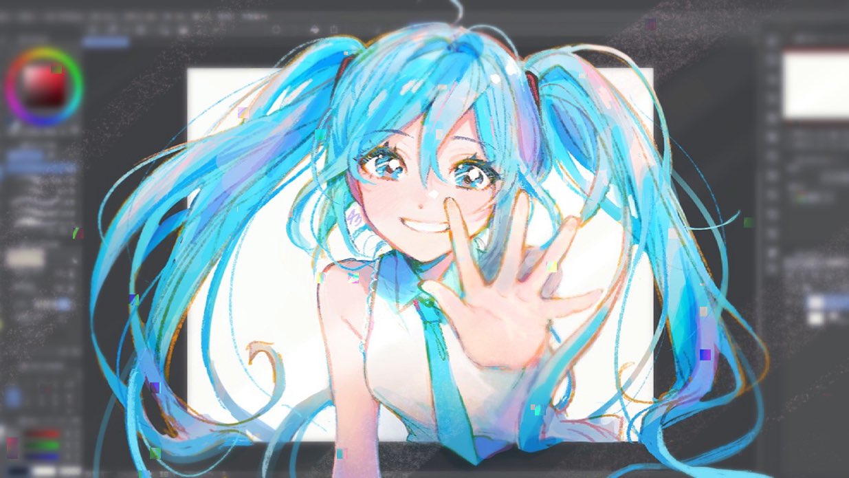 1girl 43_pon against_glass arm_at_side armpit_crease artist_name bare_arms bare_shoulders blue_eyes blue_hair blue_neckwear blurry blurry_background clenched_teeth clip_studio_paint collared_shirt commentary dot_nose eyebrows_visible_through_hair eyelashes glitch hair_between_eyes hand_on_glass hand_up happy hatsune_miku long_hair looking_at_viewer necktie outstretched_hand painttool_sai palms photo_background reaching_out shiny shiny_hair shirt sleeveless sleeveless_shirt smile solo symbol_commentary tareme teeth through_screen twintails very_long_hair vocaloid white_shirt