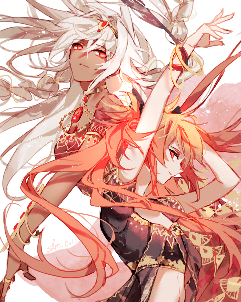 2girls arms_up bangs bracelet breasts choker closed_mouth commentary_request dark_skin dark-skinned_female eyebrows_visible_through_hair fate/grand_order fate_(series) floating_hair from_side hair_between_eyes highres jewelry lakshmibai_(fate) long_hair looking_at_viewer multiple_girls orange_hair red_eyes ring sakuramochi1003 short_sleeves simple_background sita_(fate) smile stomach upper_body very_long_hair white_background white_hair
