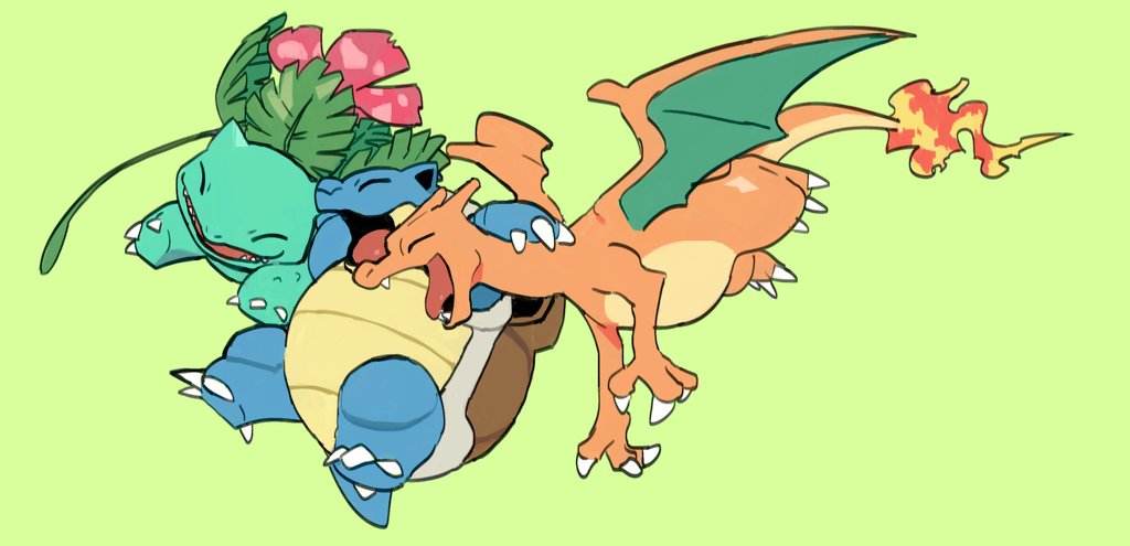 blastoise charizard claws closed_eyes commentary fangs fire flame gen_1_pokemon green_background kochi8i no_humans open_mouth plant pokemon pokemon_(creature) simple_background tongue venusaur vines